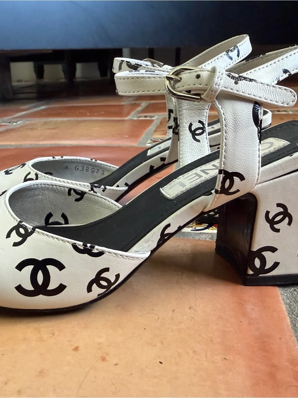 Coco Chanel White Logo Print Block Heel Sandals - Women
